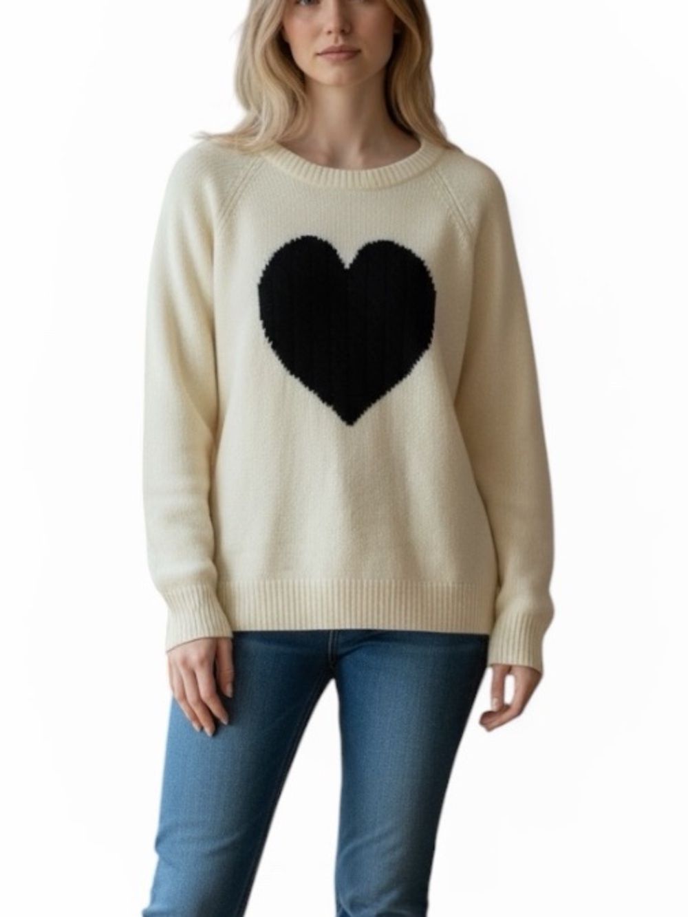 Exlura Cream Crewneck Sweater with Black Heart Motif